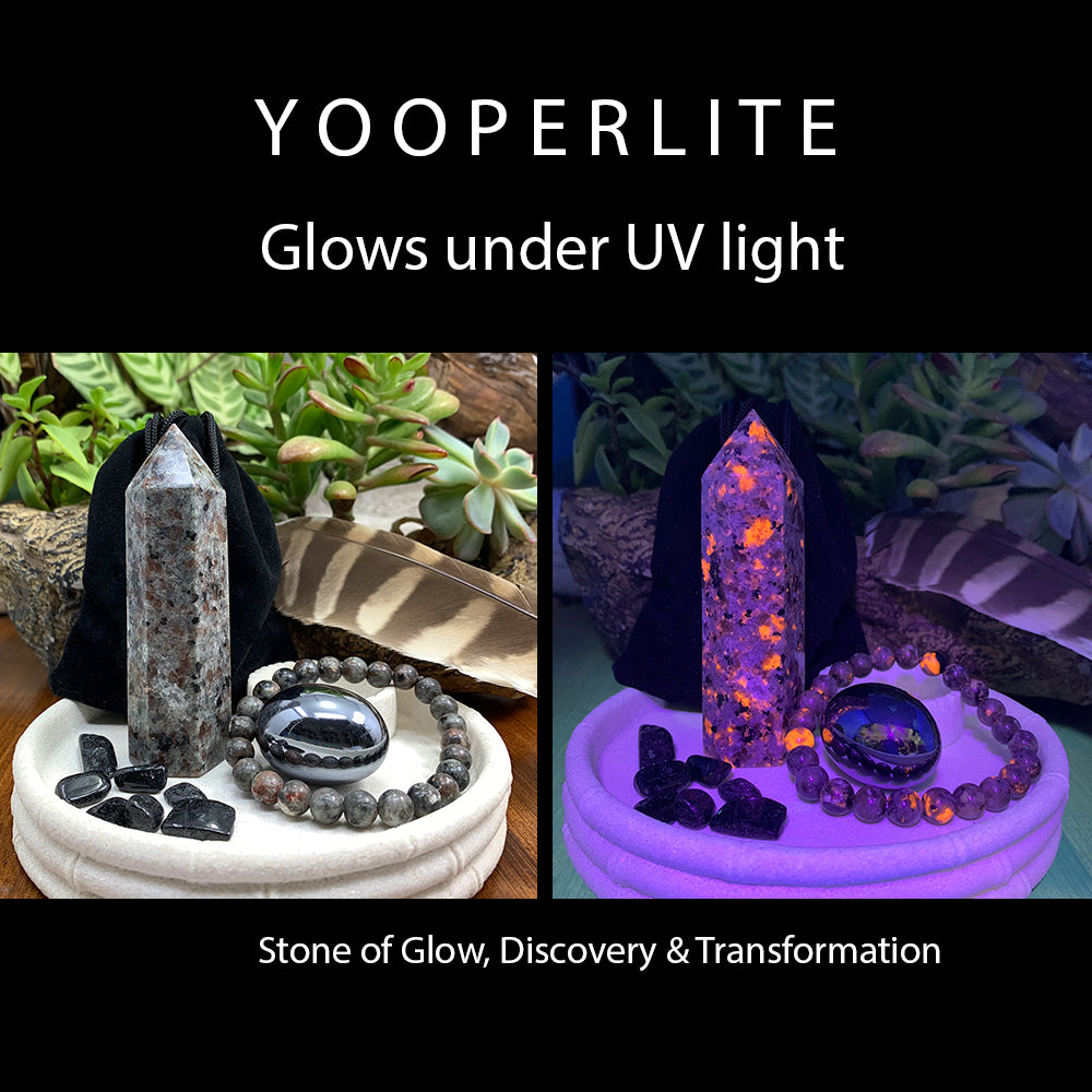 The full set side by side in daylight and under UV light: the yooperlite point and bracelet glow with orange speckles beside the hematite ellipse, black tourmaline minis and velvet pouch