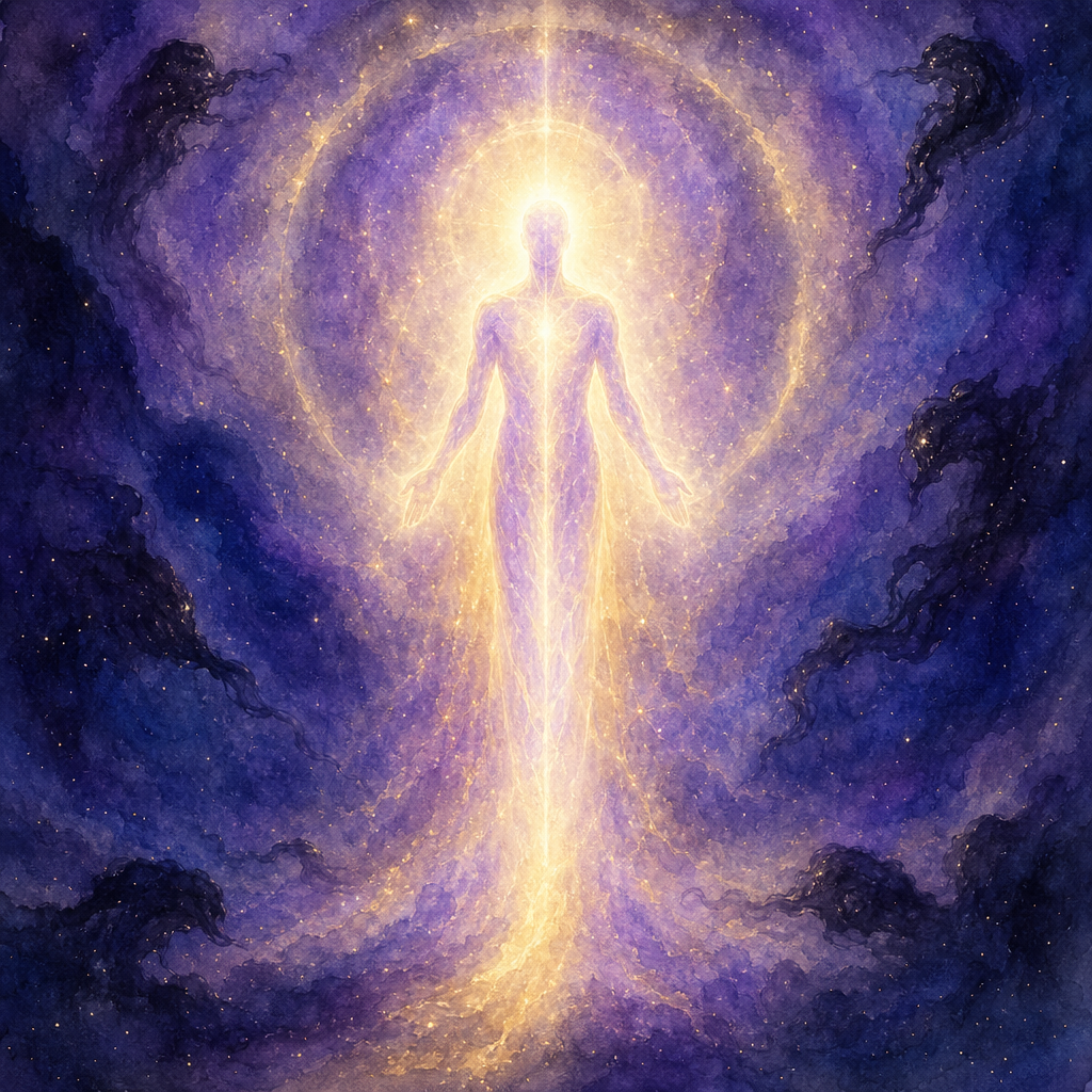 A tall silhouette of pure violet-and-gold light, dark wisps unable to approach &mdash; naturally immune.