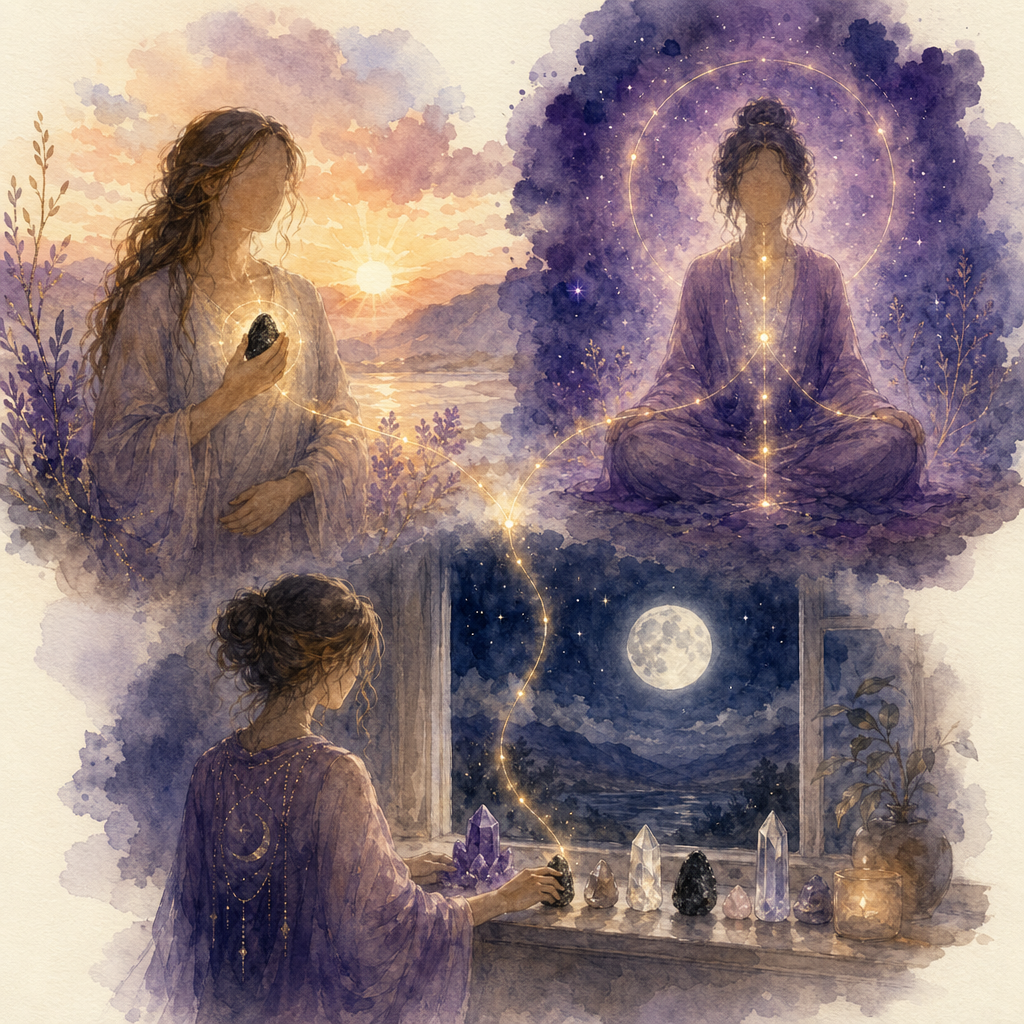 A morning, midday, and moon-rise vignette connected by a gold thread &mdash; the daily light-immunity ritual.