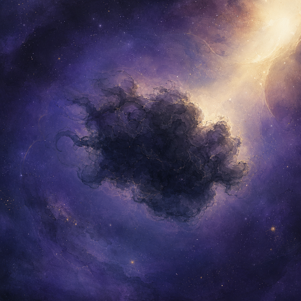 A single dark wispy cloud of stuck energy floating in a violet cosmic field, faintly outlined in silver.