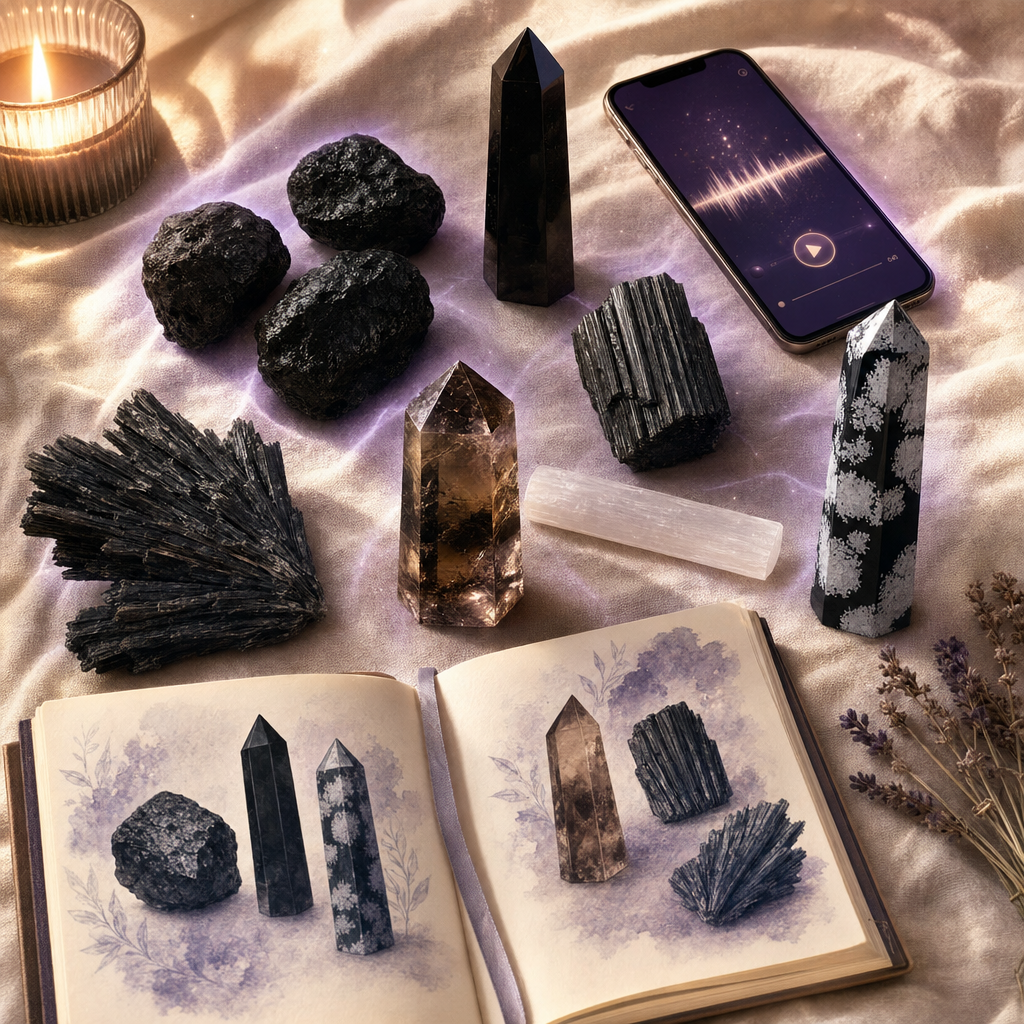 A dark glassy Tektite at the center of a glowing ring of dark-protection crystals, gentle violet aura around the whole composition.