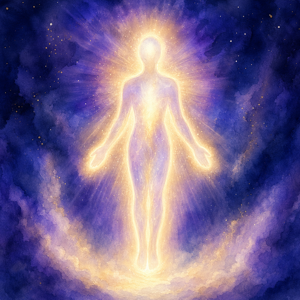A glowing human-silhouette aura outlined in warm gold and violet light.