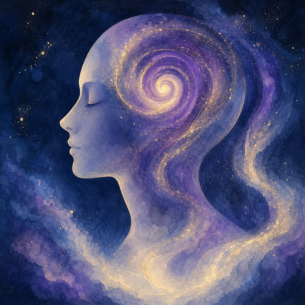 A serene silhouette of pure violet-and-gold light, naturally immune to dark energy.