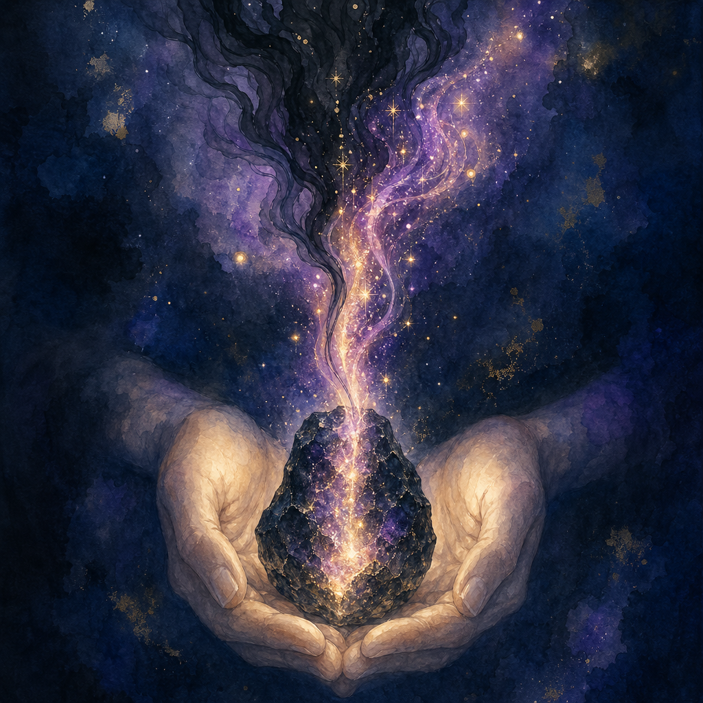 Dark wisps being drawn into a glowing tektite, transformed into rising violet and gold sparks of light.