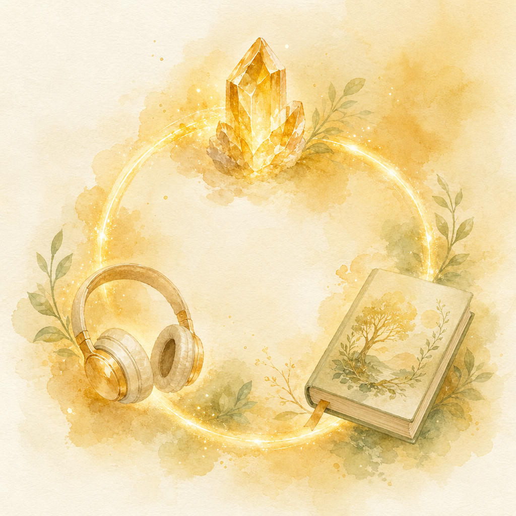 Citrine, headphones, and a closed book linked by a soft golden glowing loop.