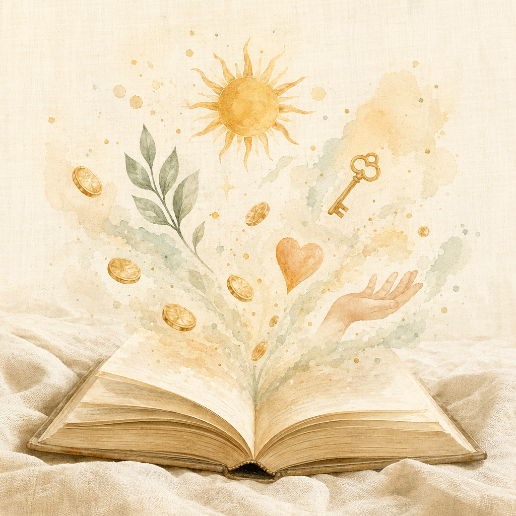 An open book with various small dreamy abundance symbols floating up from the pages.