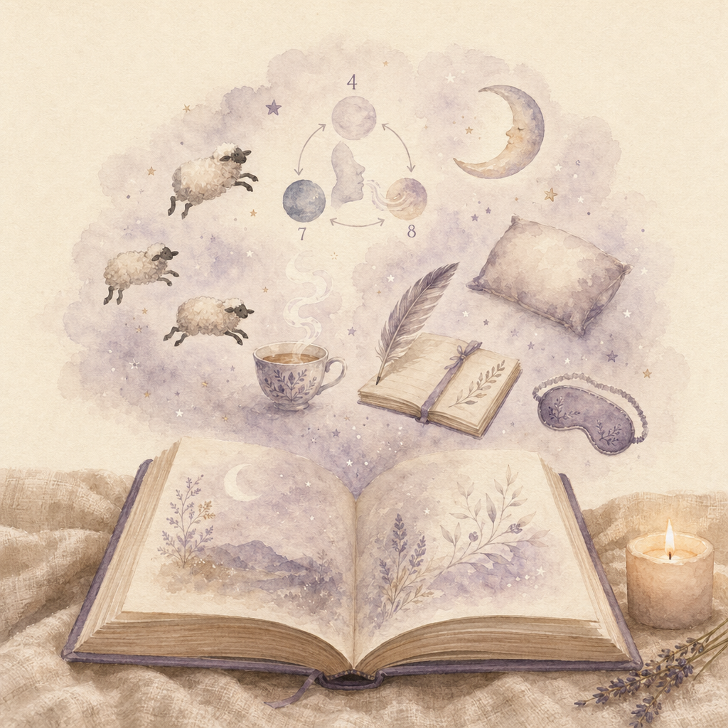 An open book with various small dreamy sleep symbols floating up from the pages.