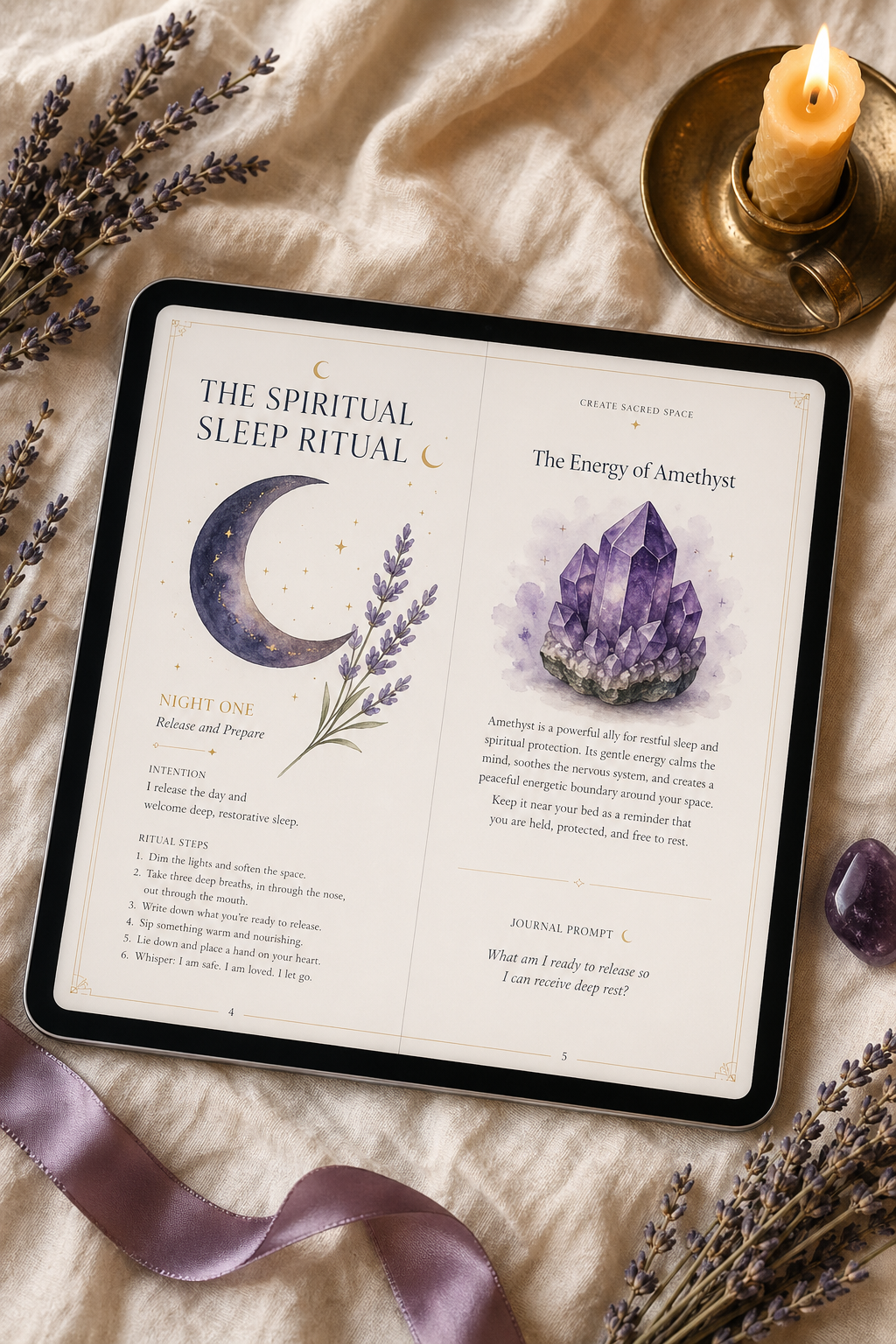 The Spiritual Sleep Ritual eBook displayed on a tablet with watercolor illustrations.