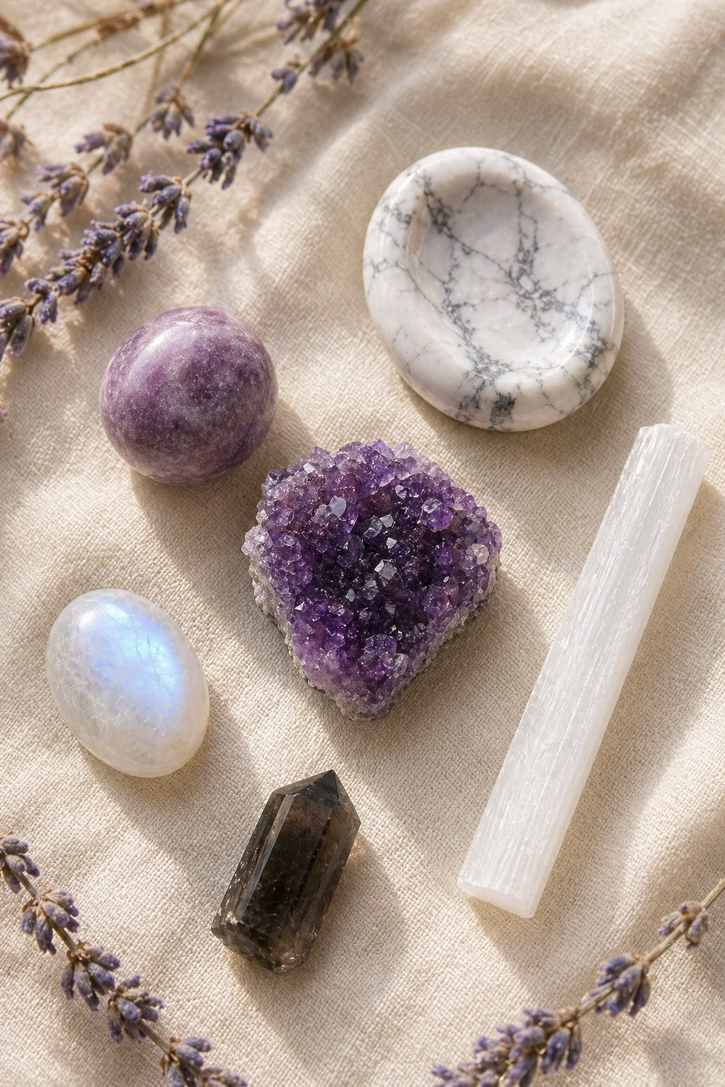 The full Spiritual Sleep crystal kit on a soft cream linen surface, with the Mini Cluster amethyst as the centerpiece.