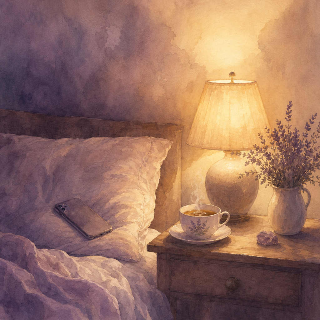 A quiet bedside scene with a softly glowing lamp and steaming tea.