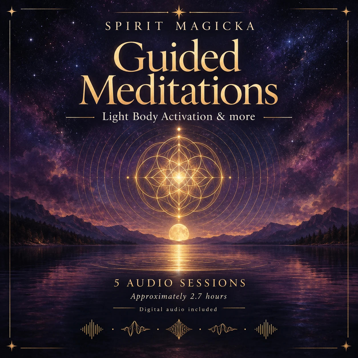 Spirit Magicka guided meditation artwork: five digital audio sessions, approximately 2.7 hours.